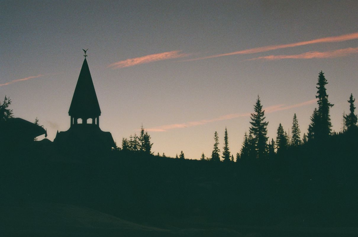 church spire and treetop silhouettes against a pink sky